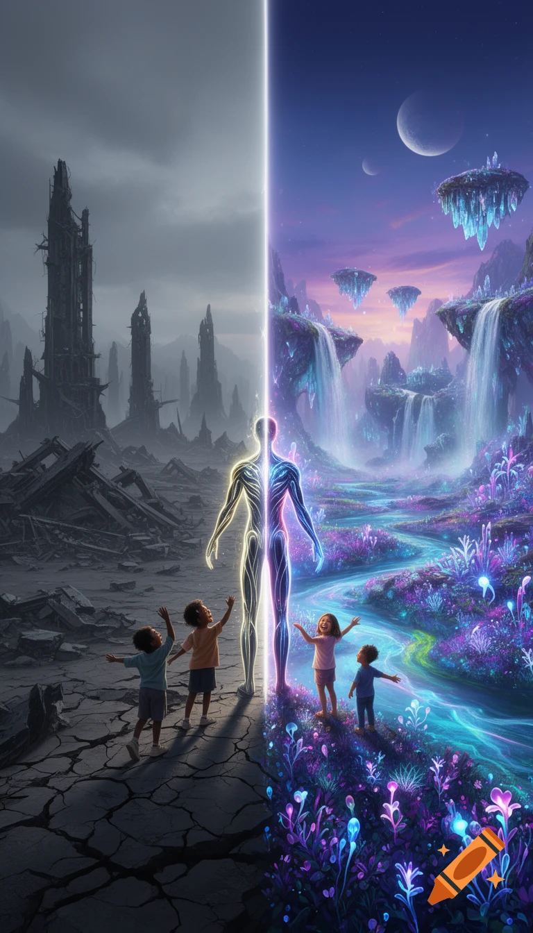 A glowing figure stands between a cracked wasteland and a vibrant alien paradise with waterfalls. Children joyfully point to the colorful side in a sci-fi concept art.