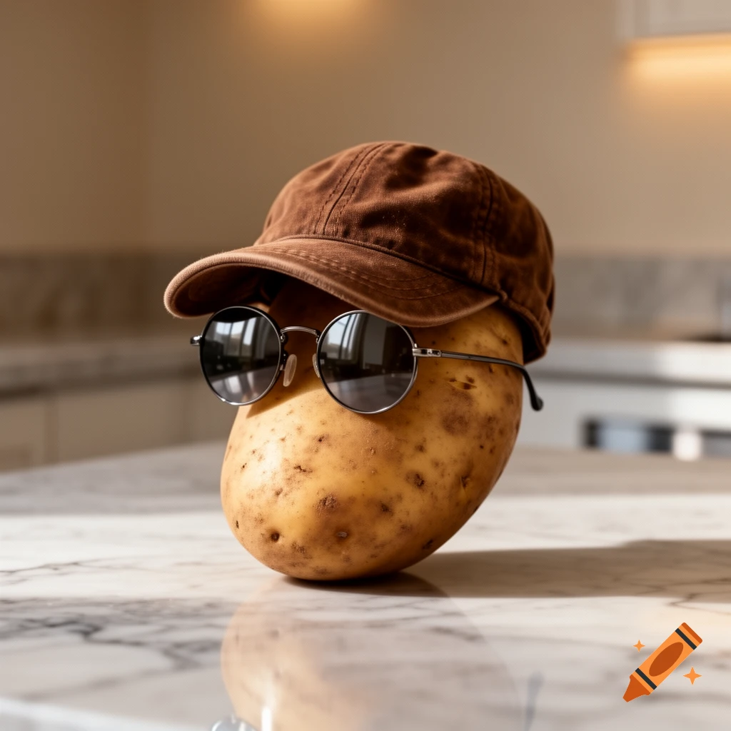 A potato wearing a brown baseball cap and round sunglasses sits on a marble countertop in a sunlit kitchen.