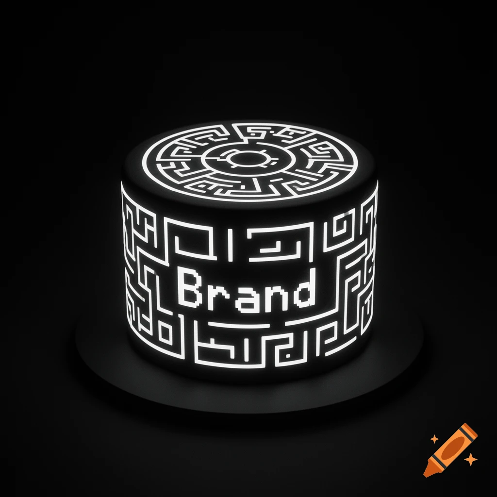A dark, minimalist image of a black cylindrical object with glowing white pixel art maze patterns and the word 'Brand' on its side, on a dark surface.