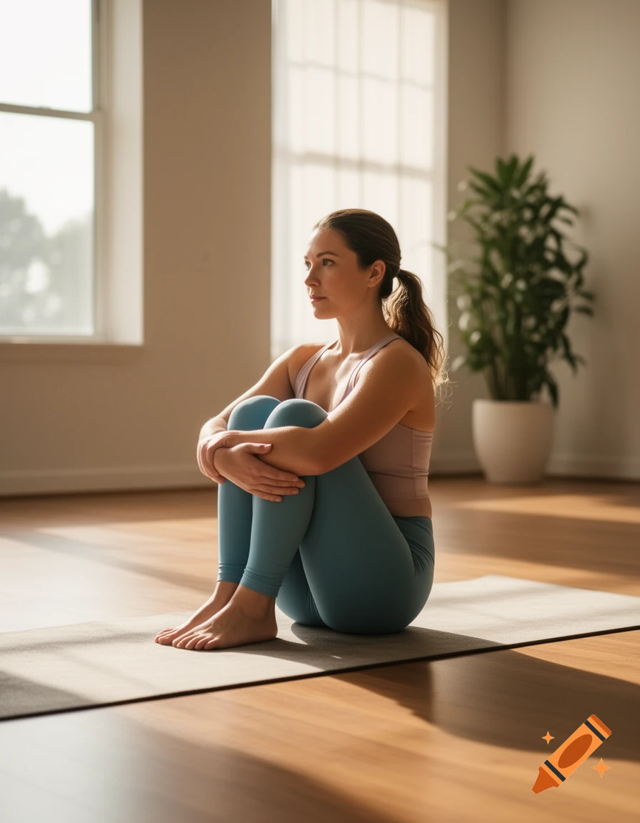 A woman sits in a yoga pose, hugging her knees on a mat in a brightly lit room with windows.