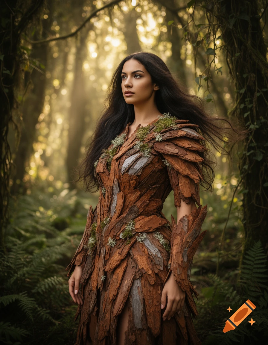 A striking woman in an intricate bark and moss dress stands in a sun-dappled, mystical forest, looking to the side.