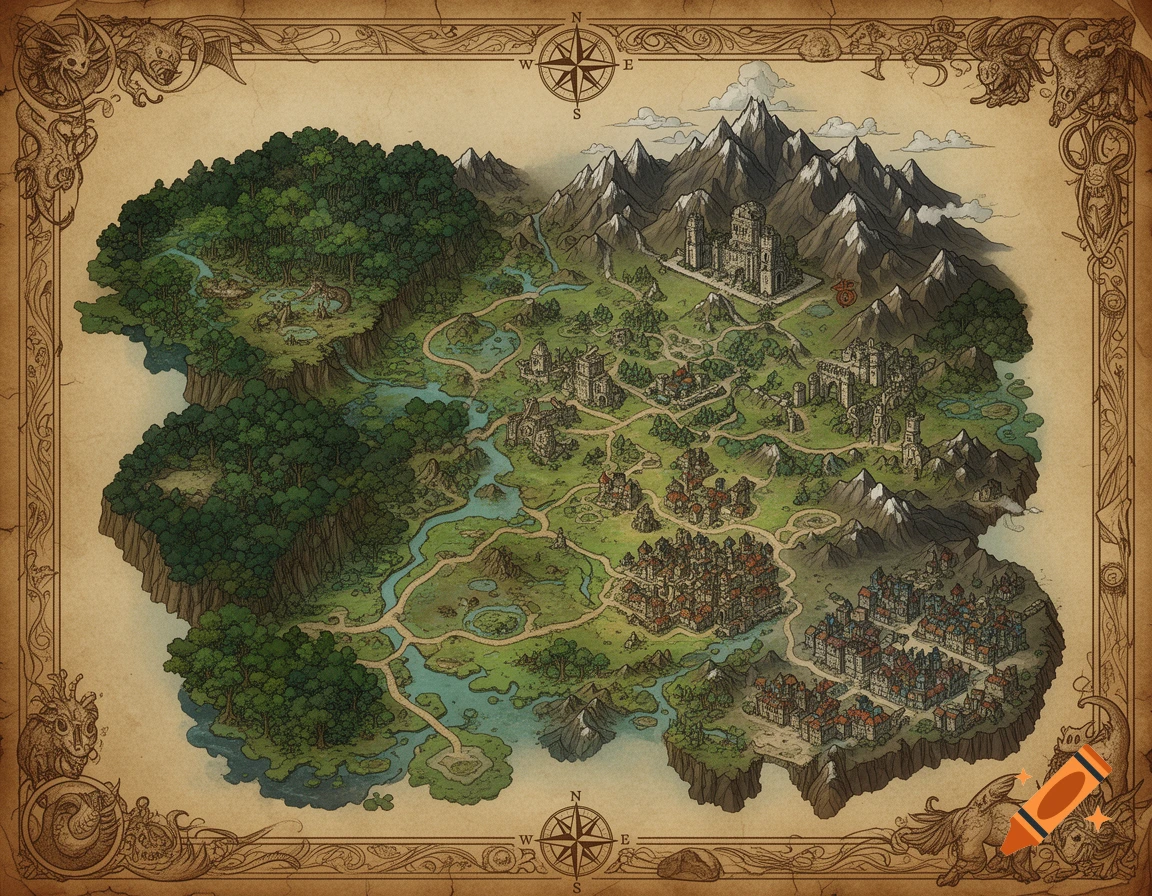 Illustrated fantasy map with forests, mountains, rivers, towns, and castles, on an old parchment texture with decorative border details.