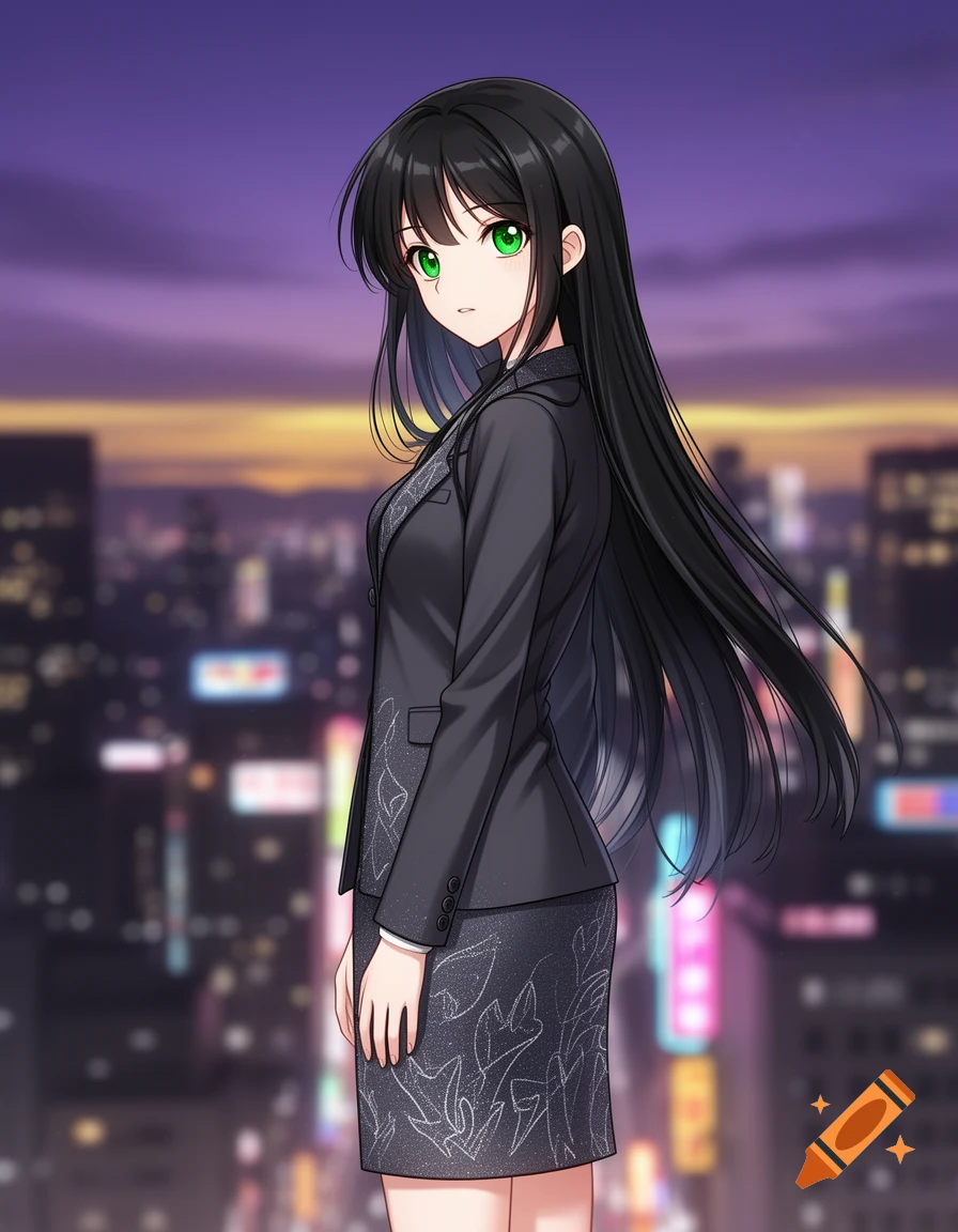 An anime girl with long black hair and bright green eyes wears a dark business suit with a patterned skirt, standing against a blurred city skyline at dusk.