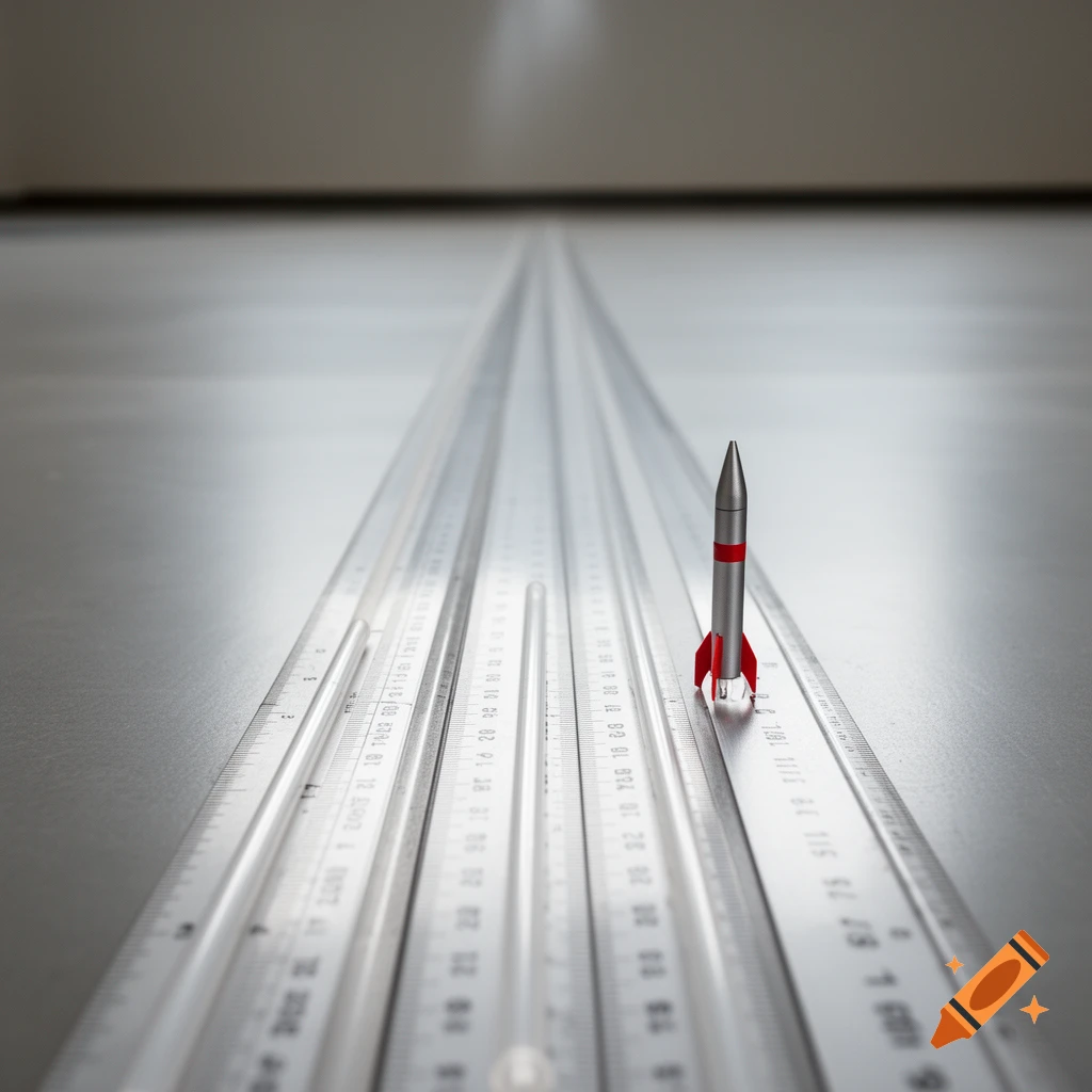 A miniature silver rocket with red fins stands on a ruler, surrounded by other rulers creating a vanishing point perspective.