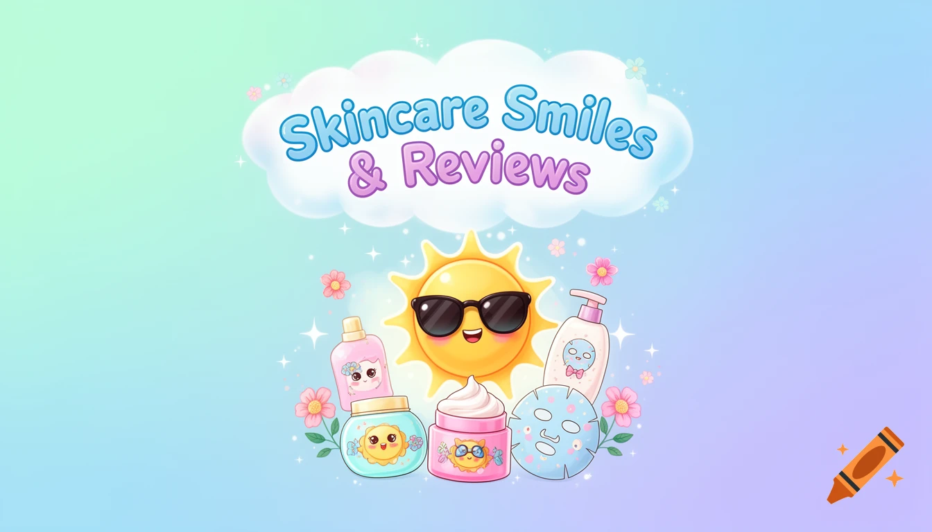A colorful, cartoon-style YouTube banner with a happy sun wearing sunglasses, surrounded by cute, smiling skincare product bottles and jars. Text in a cloud reads 'Skincare Smiles & Reviews' on a pastel gradient background.
