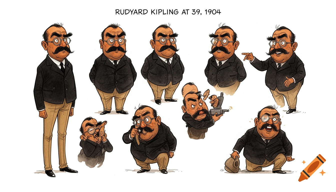 A model sheet illustration of Rudyard Kipling in Franco-Belgian comic style. He is depicted with a mustache, glasses, dark suit, and tan trousers, in various poses and expressions.