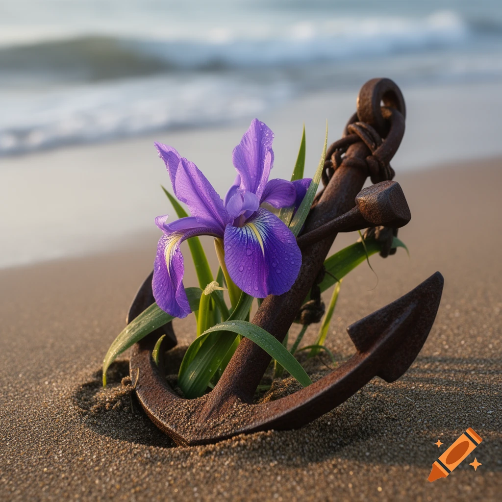 A vibrant purple iris entwined with a rusty anchor, half-buried in sand on a sunny beach with ocean waves, photorealistic.