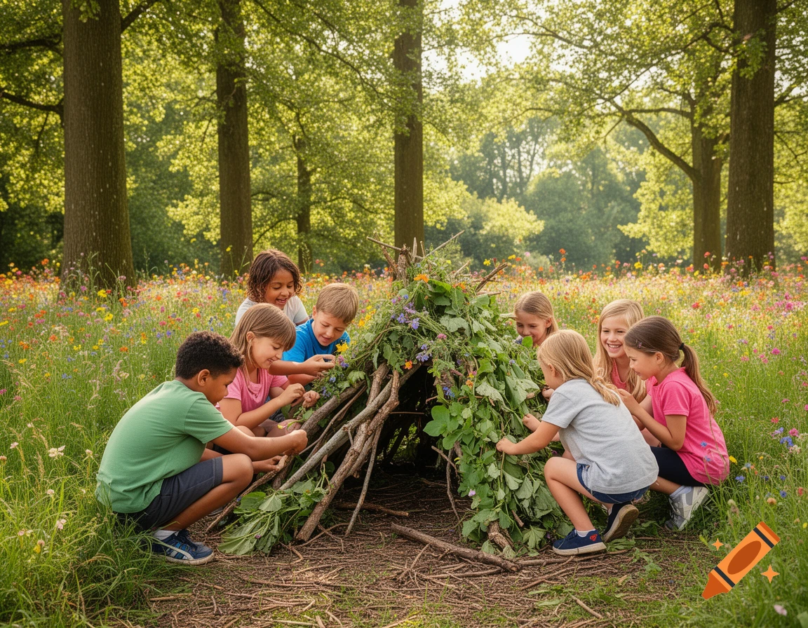 A group of diverse children happily building a leafy stick fort in a sunlit forest clearing with wildflowers.