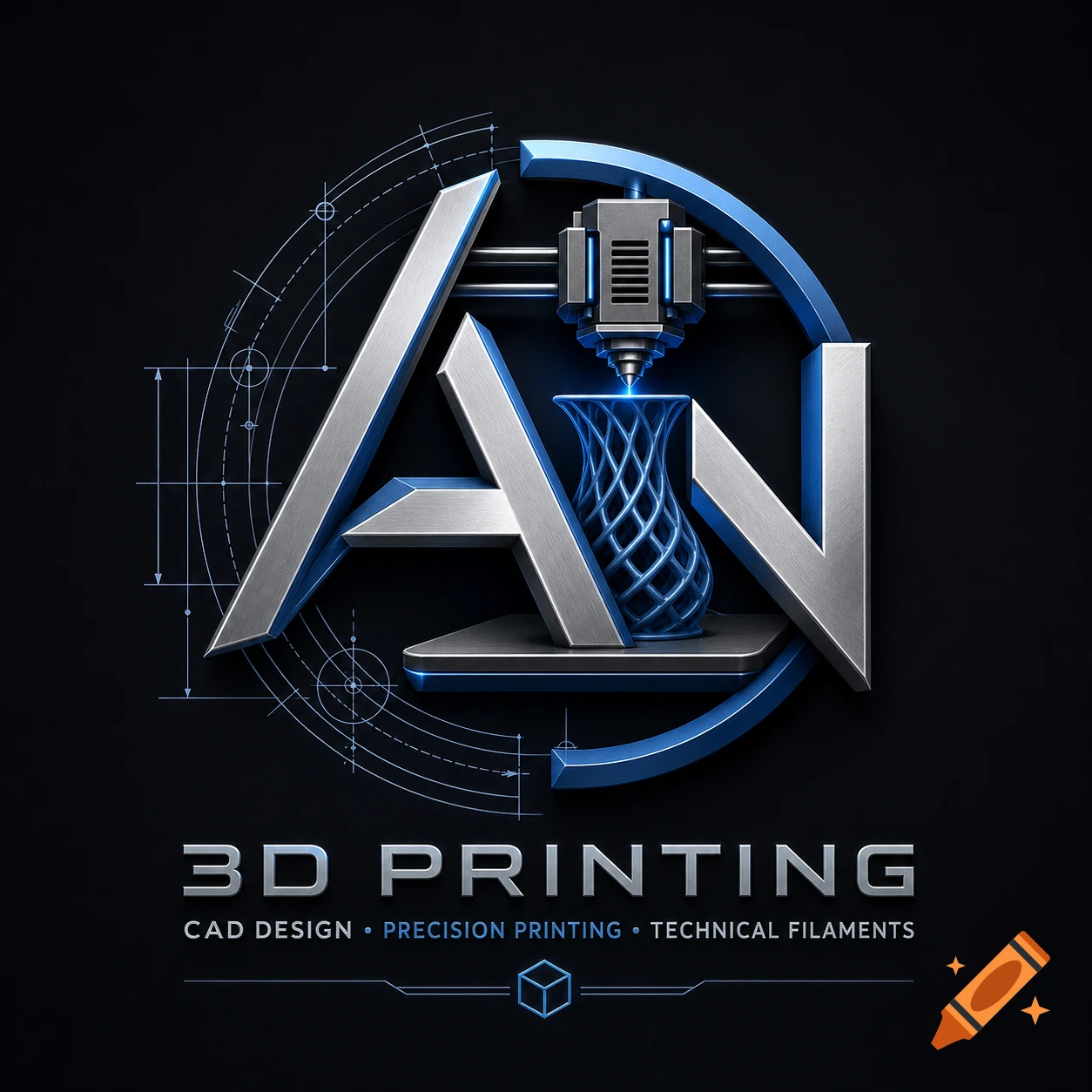 A professional 3D logo featuring metallic letters "A N", a 3D printer, a printed object, and text "3D PRINTING", "CAD DESIGN", "PRECISION PRINTING", "TECHNICAL FILAMENTS" against a dark background with blue CAD lines.