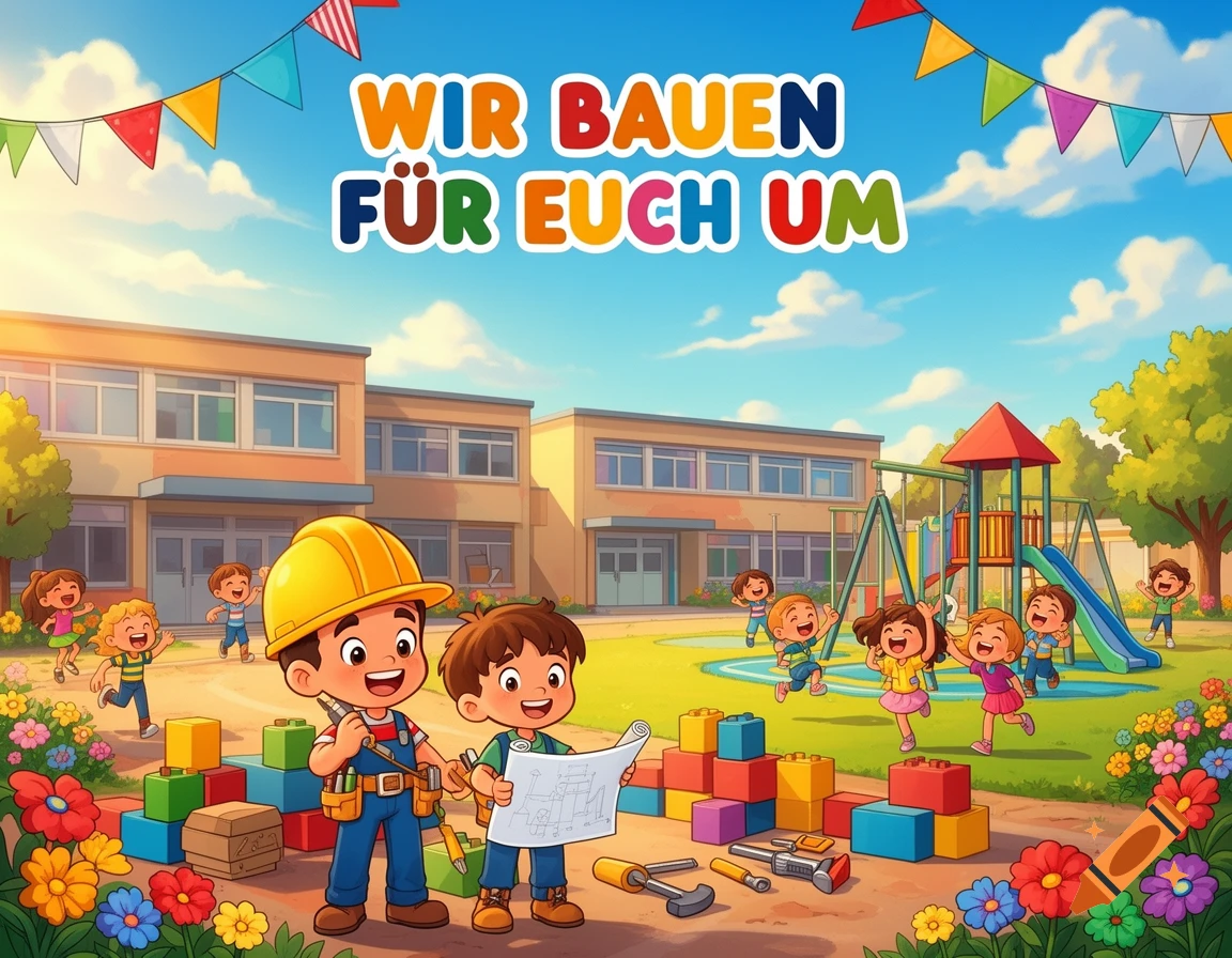 A vibrant cartoon shows children playing around a school. Two boys in hard hats examine blueprints near building blocks. Text: "WIR BAUEN FÜR EUCH UM".