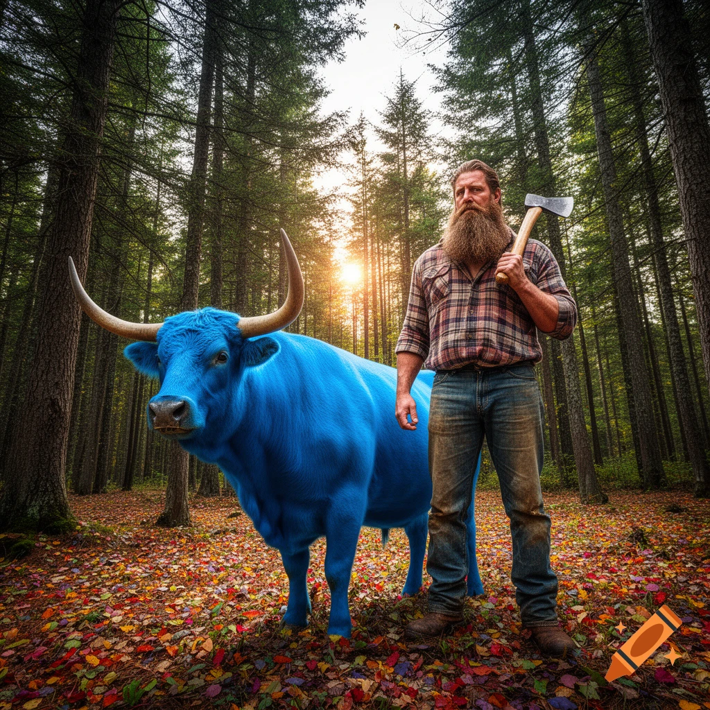 A bearded man with an axe stands next to a large blue bull in a forest with fallen autumn leaves, photorealistic.