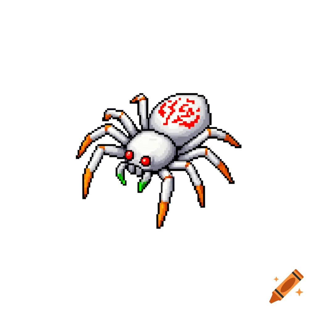A pixel art white spider with red markings, eight red eyes, orange-tipped legs, and green mandibles.