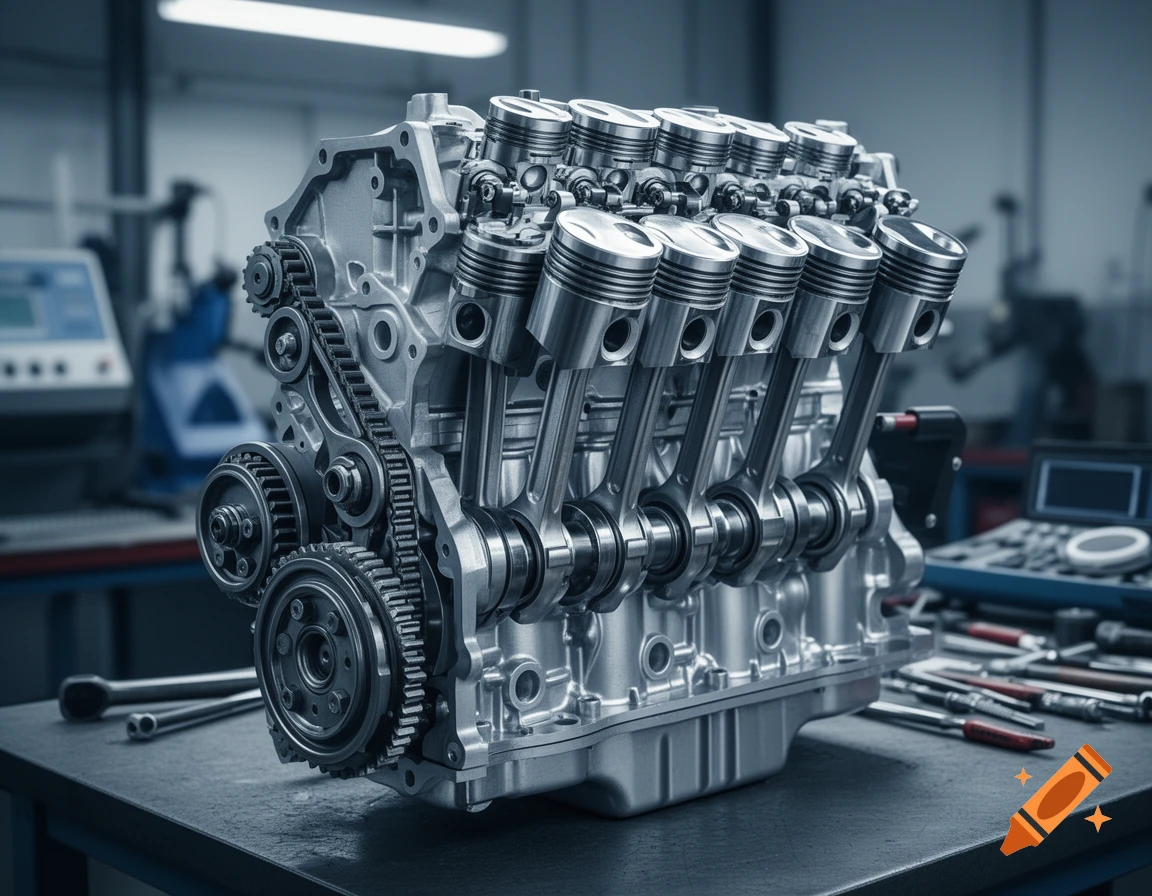 A detailed, photorealistic view of a V-engine with exposed pistons, connecting rods, and timing chain on a workbench in a workshop.