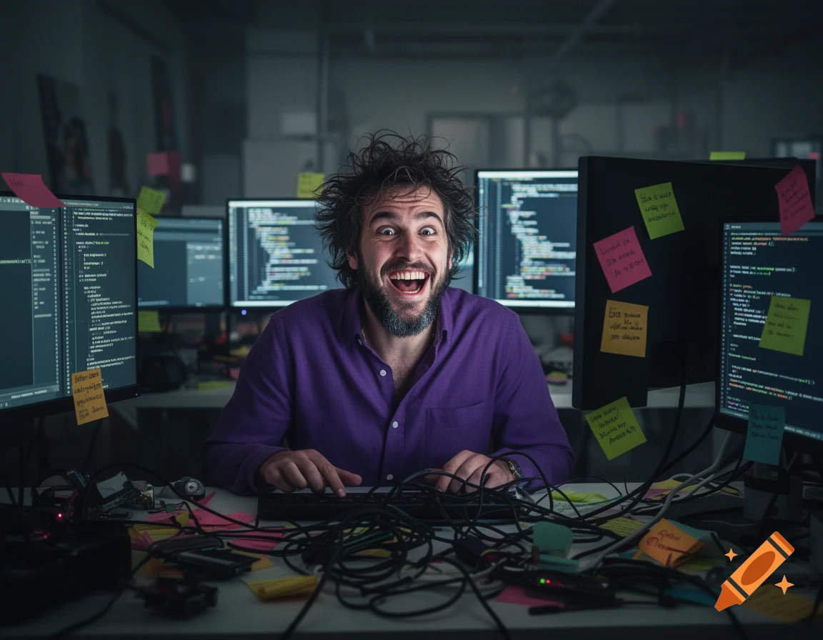 A wide-eyed, crazy-haired man in a purple shirt laughs maniacally, typing at a messy desk with multiple monitors displaying code.