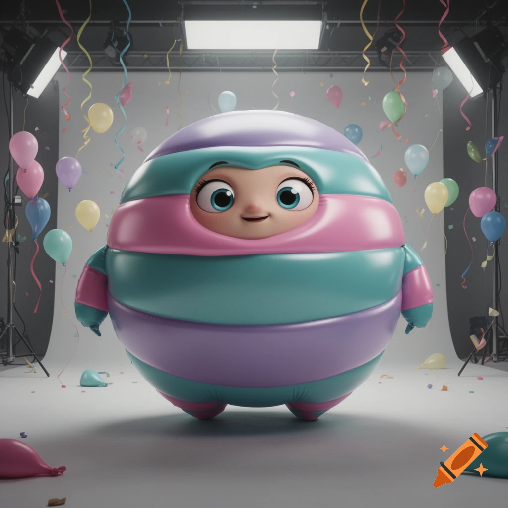 A cheerful, inflated cartoon character with big blue eyes and a striped pink, blue, and purple body stands in a studio with balloons and confetti.