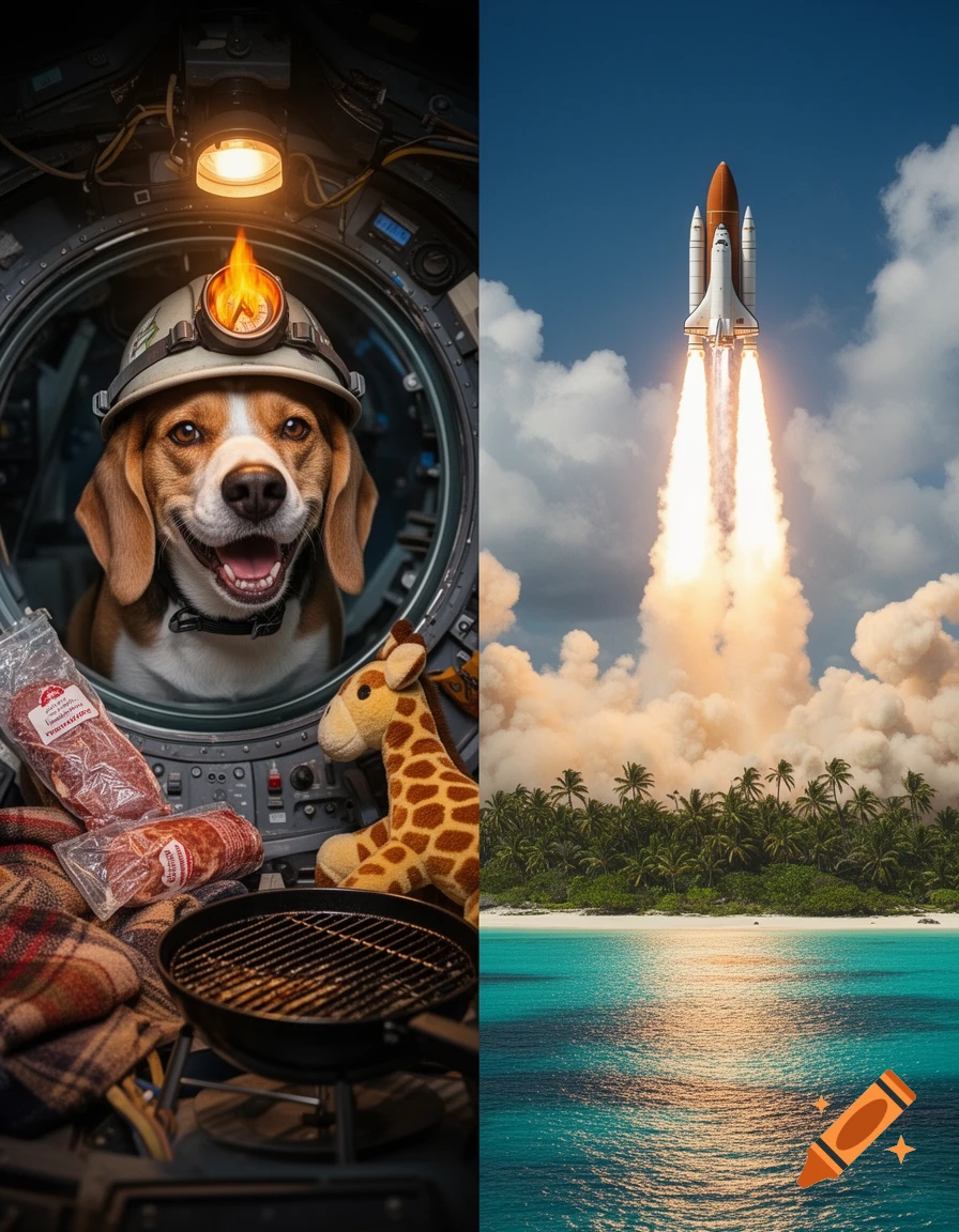 A split image: Left shows a happy beagle wearing a caving helmet in a spacecraft cockpit with camping gear. Right shows a space shuttle launching from a tropical island with palm trees and an ocean.