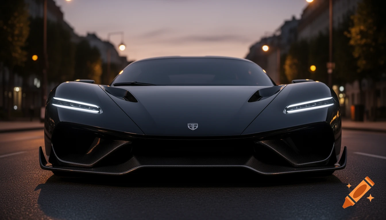 A sleek, black, futuristic hypercar with glowing LED headlights and carbon fiber accents parked on a city street at dusk, viewed from the front.