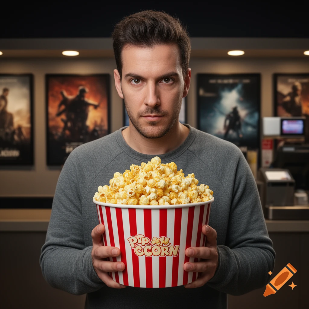 A man holds a large red and white striped popcorn bucket in a movie theater lobby.