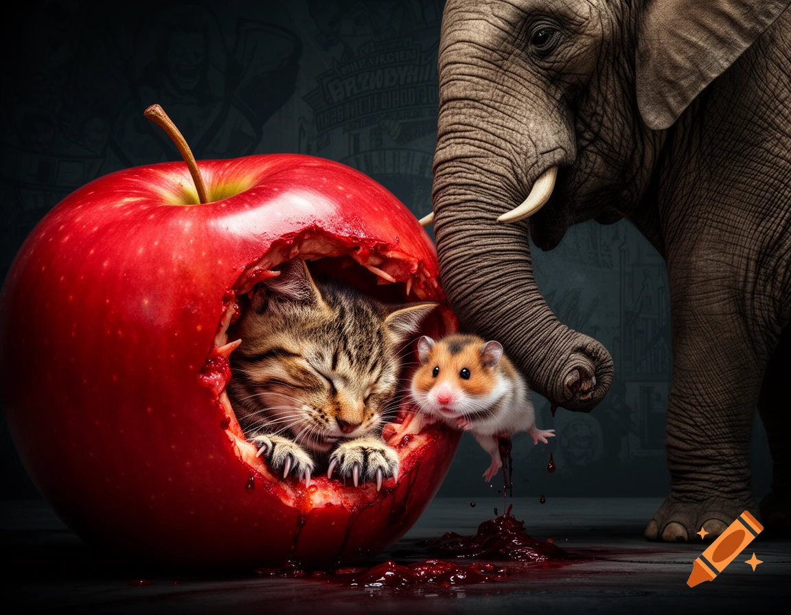 A sleeping tabby kitten is inside a large red apple with a bite mark, next to a small hamster and an elephant's trunk, with red liquid on the floor.