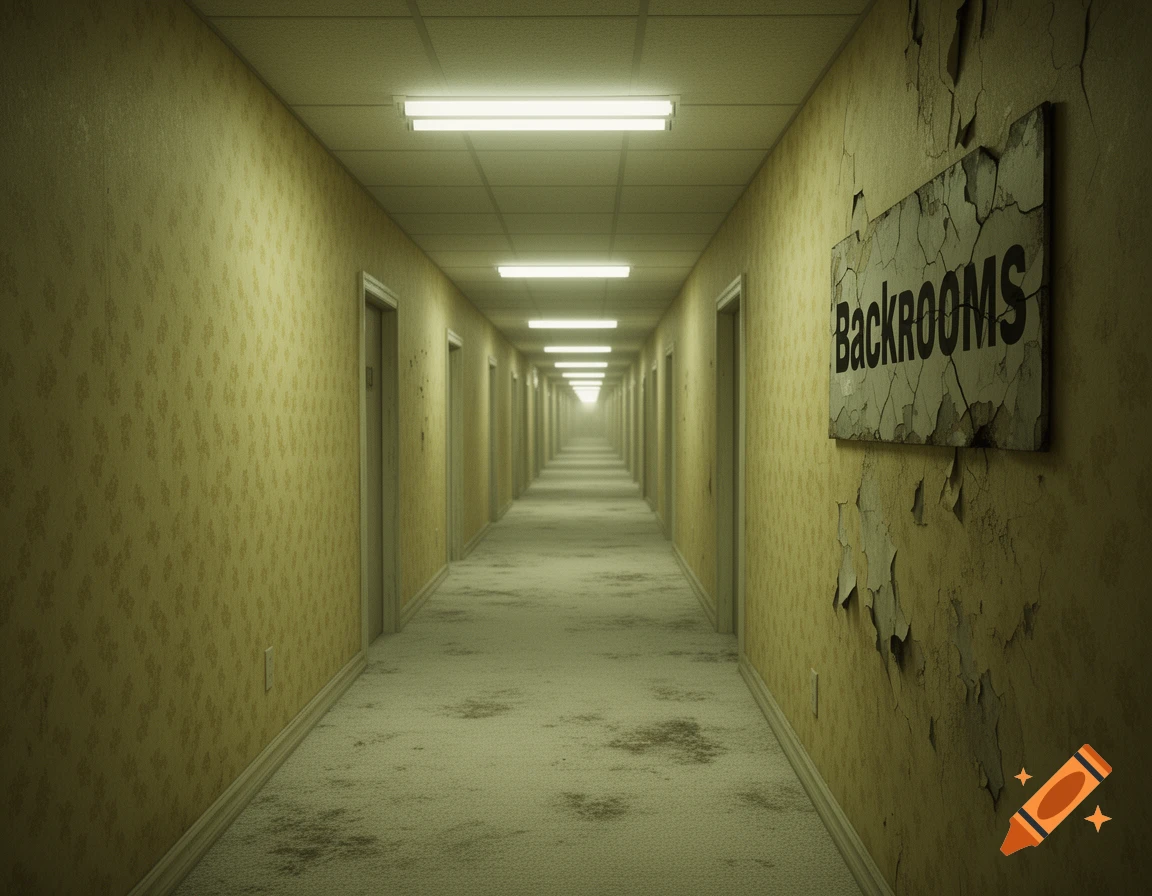 A long, desolate hallway with yellow patterned wallpaper peeling, dirty beige carpet, and fluorescent lights. A cracked sign reads 'Backrooms'.
