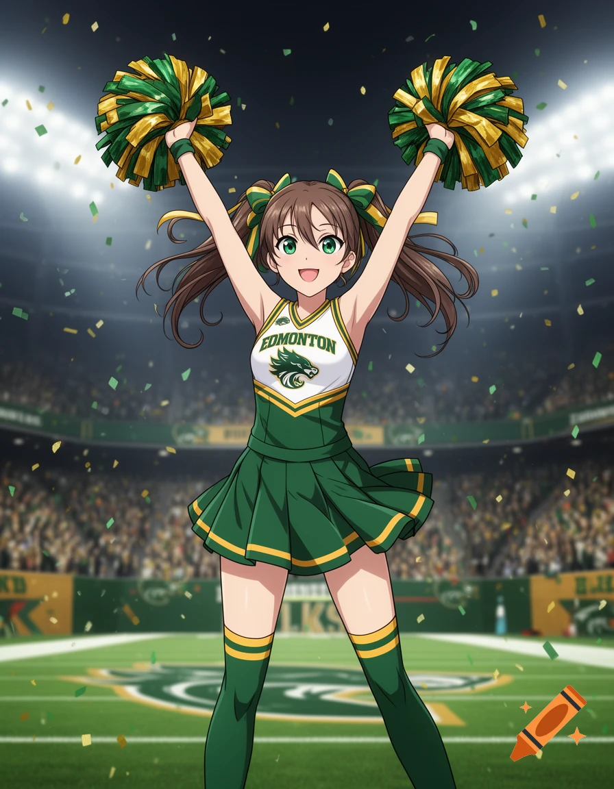 Anime cheerleader with pigtails wearing a green and gold uniform with 'EDMONTON' text and an Elks logo, holding pom-poms in a stadium with confetti.