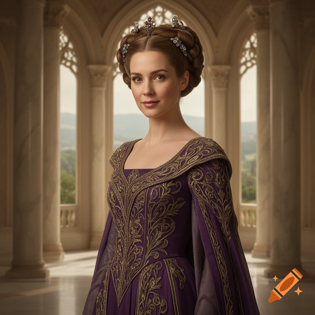 A woman in a purple and gold embroidered regal gown with an elaborate braided hairstyle and tiara, in a grand hall.
