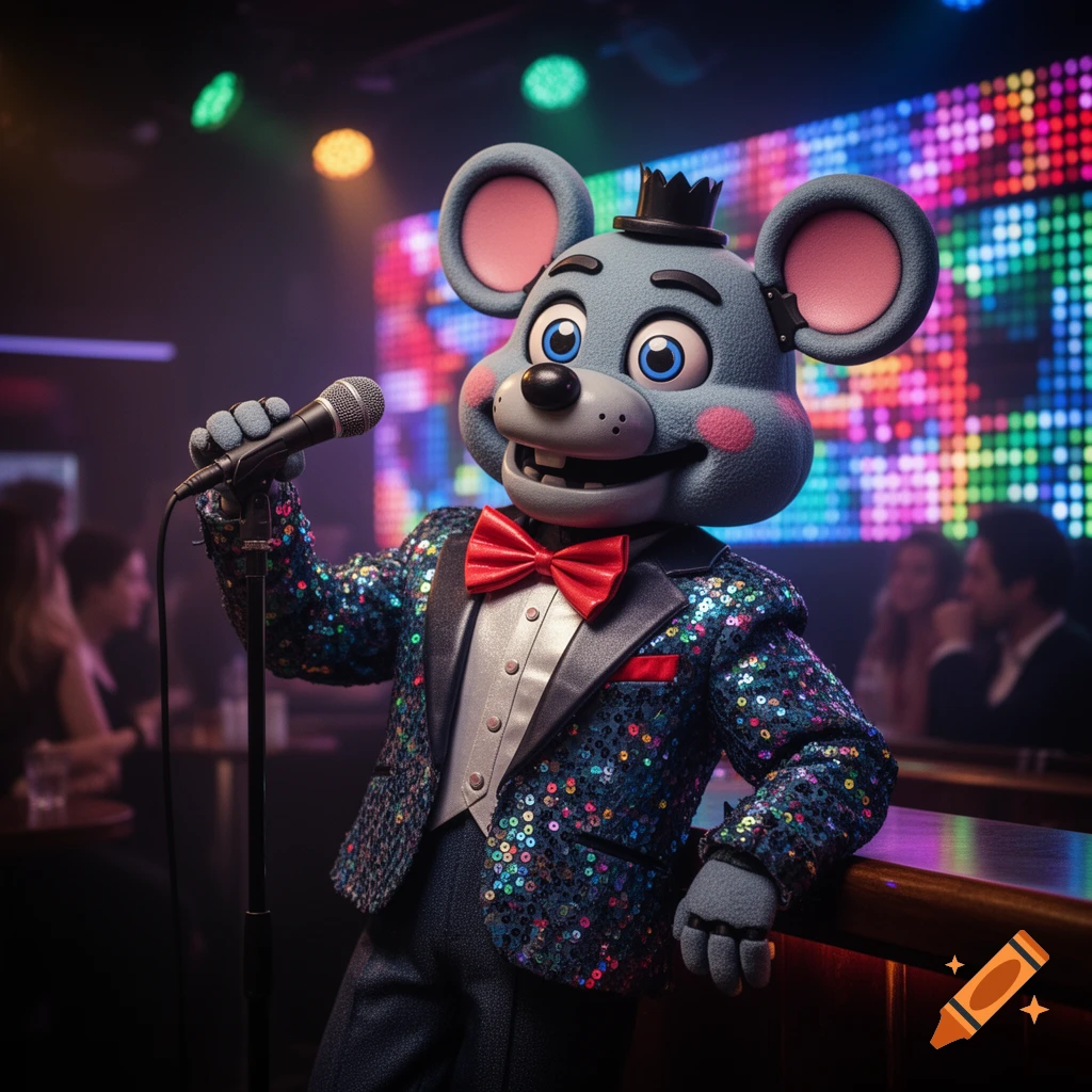 A gray animatronic mouse in a sparkly sequin jacket and red bow tie sings into a microphone in a dark bar with colorful LED lights.