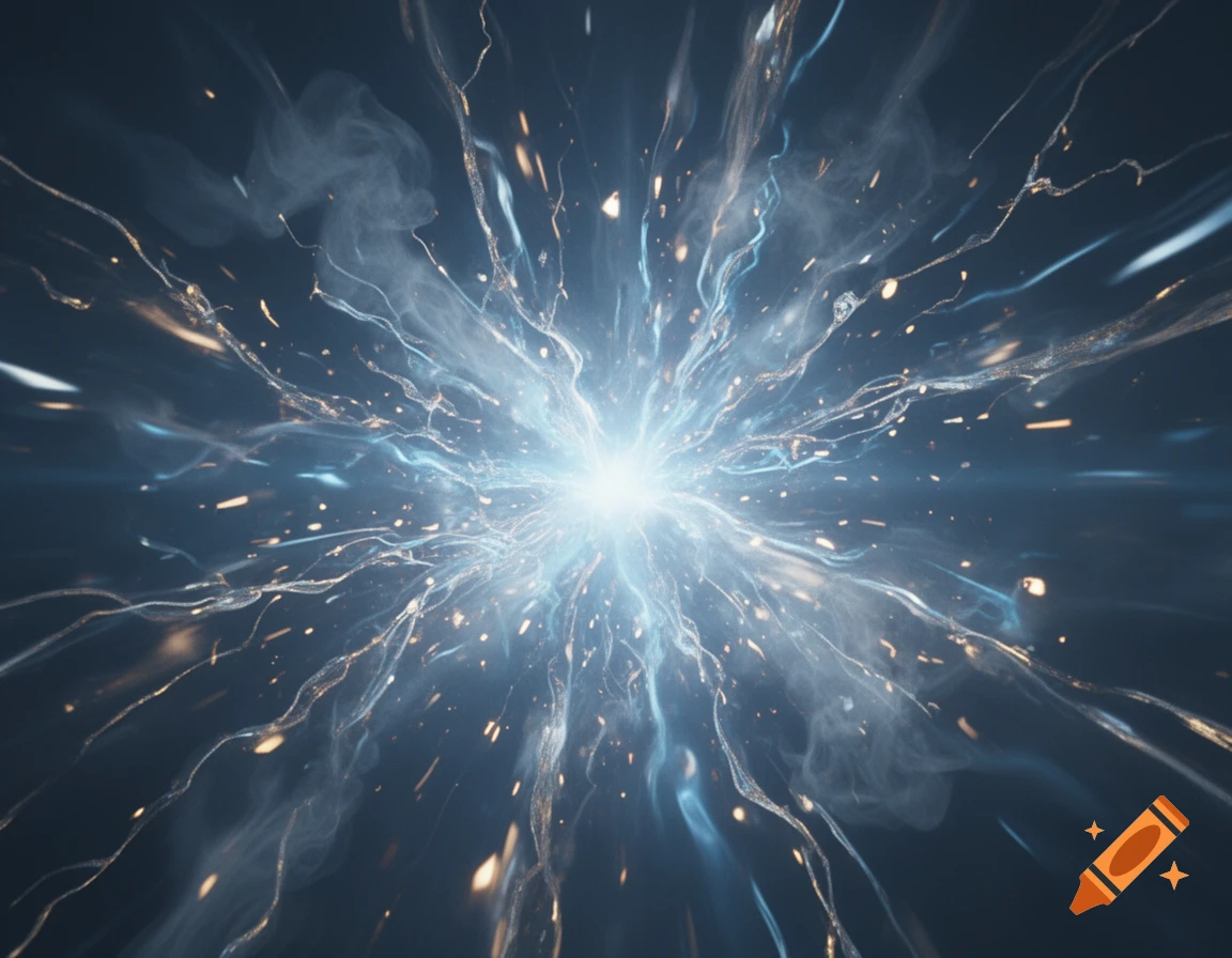 A bright blue-white energy blast bursts outwards with glowing tendrils, smoke, and golden sparks against a dark background.