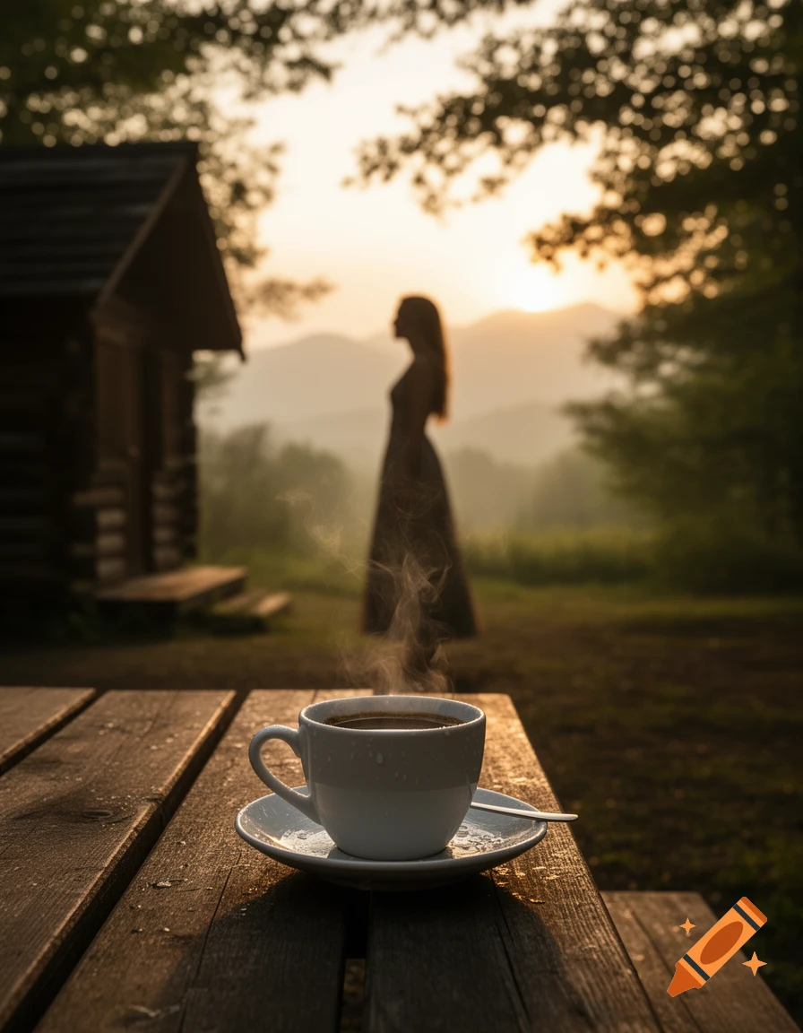Steaming coffee on a wooden table with morning dew, blurred silhouette of a woman and a cabin in a misty forest at sunrise.