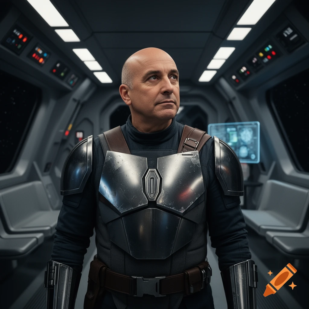 A bald man resembling Jason Alexander in Mandalorian armor stands in a spaceship corridor, looking thoughtful.