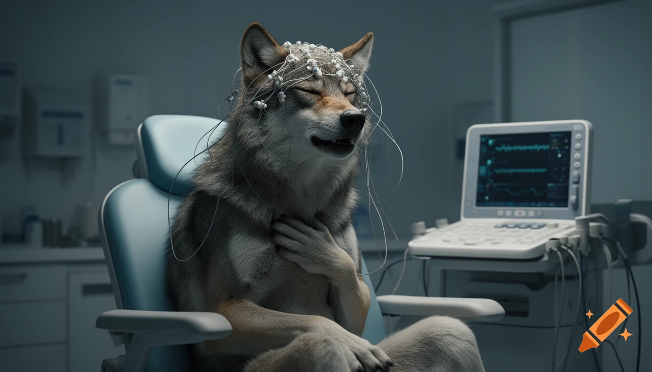 Photorealistic image of an anthropomorphic wolf with EEG electrodes on its head, coughing in a medical chair.
