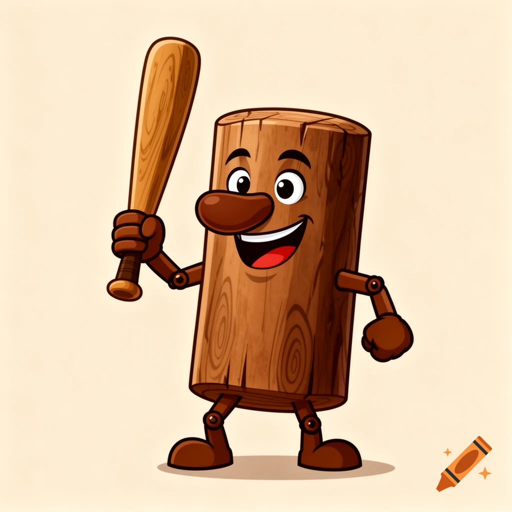 A smiling cartoon wooden log character with a brown nose and jointed limbs, holding a baseball bat, on a light background.