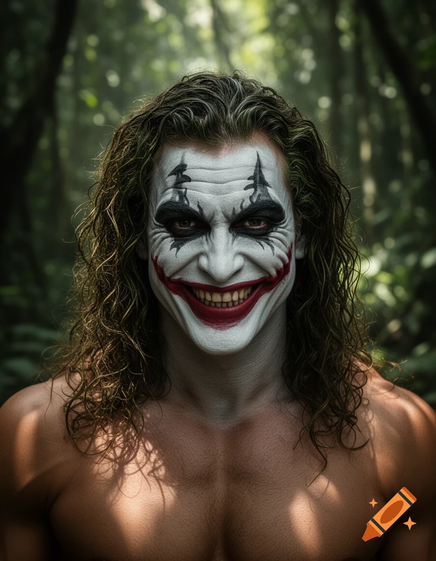 A close-up portrait of a muscular man with long curly hair, wearing white and red Joker-style clown makeup, smiling in a jungle setting.