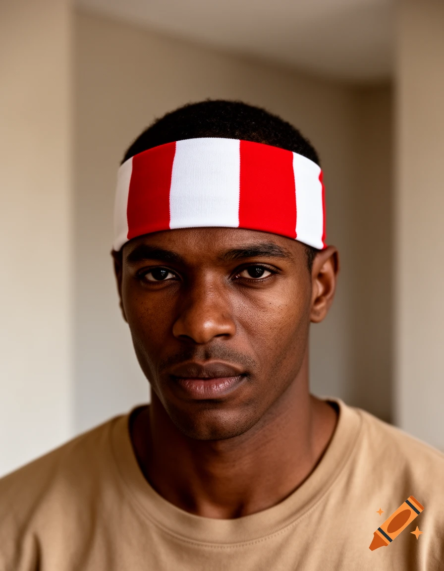 A close-up photorealistic portrait of a man wearing a red and white striped headband.