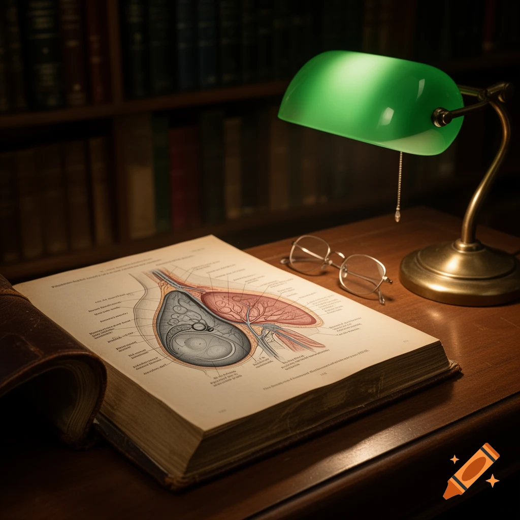 An old open textbook with an anatomical diagram under a lit green banker's lamp, with spectacles resting on the page.