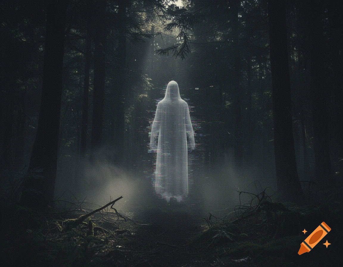 A glowing, distorted ghost hovers amidst the mist in a dark, eerie forest.