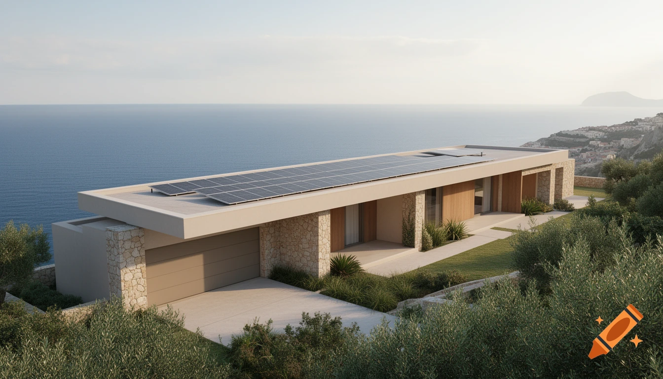 Modern flat-roof house with solar panels, stone, and wood accents, overlooking a vast blue sea from a hillside, photorealistic.