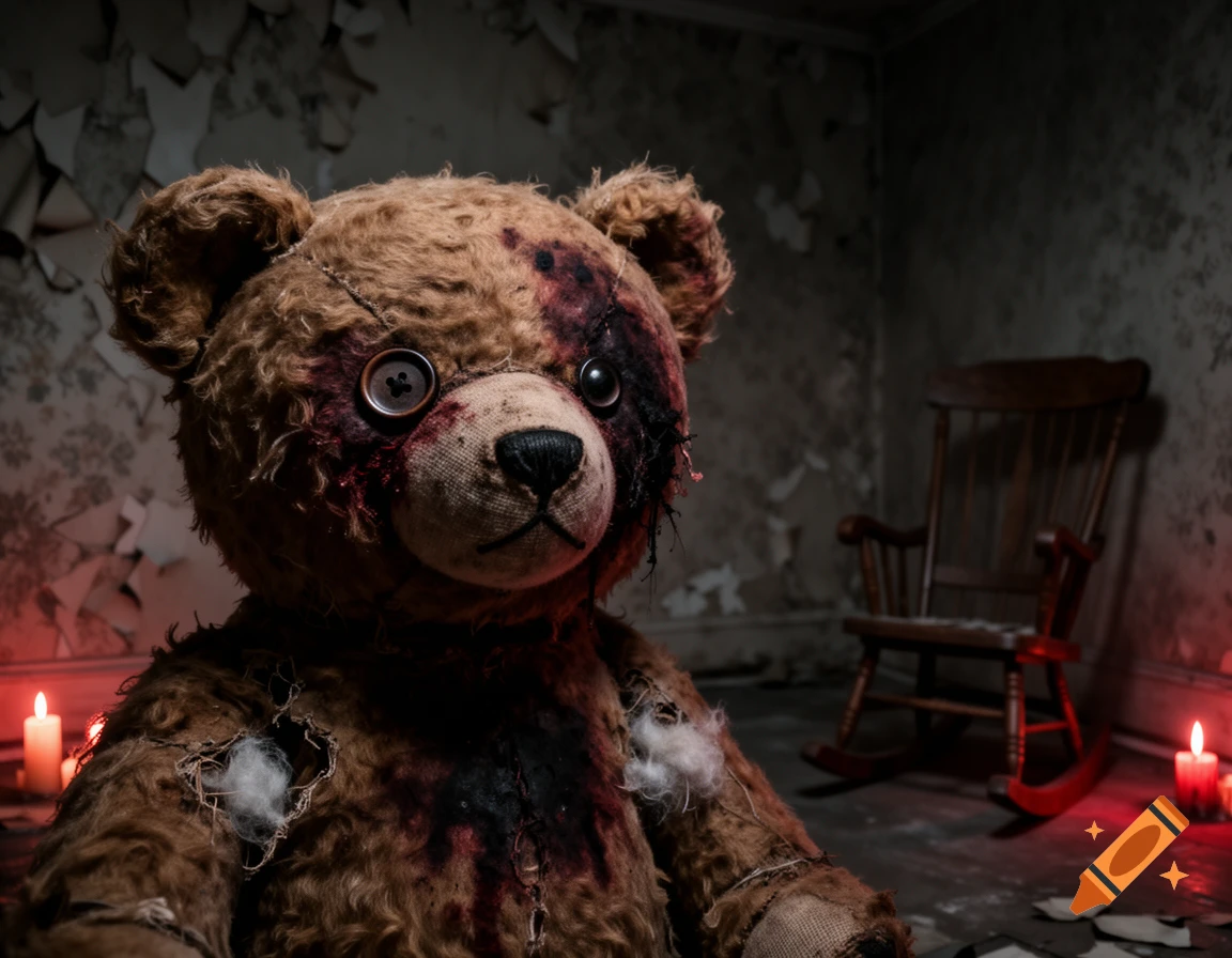 A blood-splattered, tattered teddy bear sits in a dark, dilapidated room with peeling wallpaper, lit by two candles.