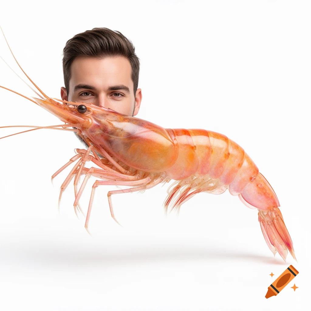 Photorealistic shrimp with a man's head, isolated on a white background with studio lighting.