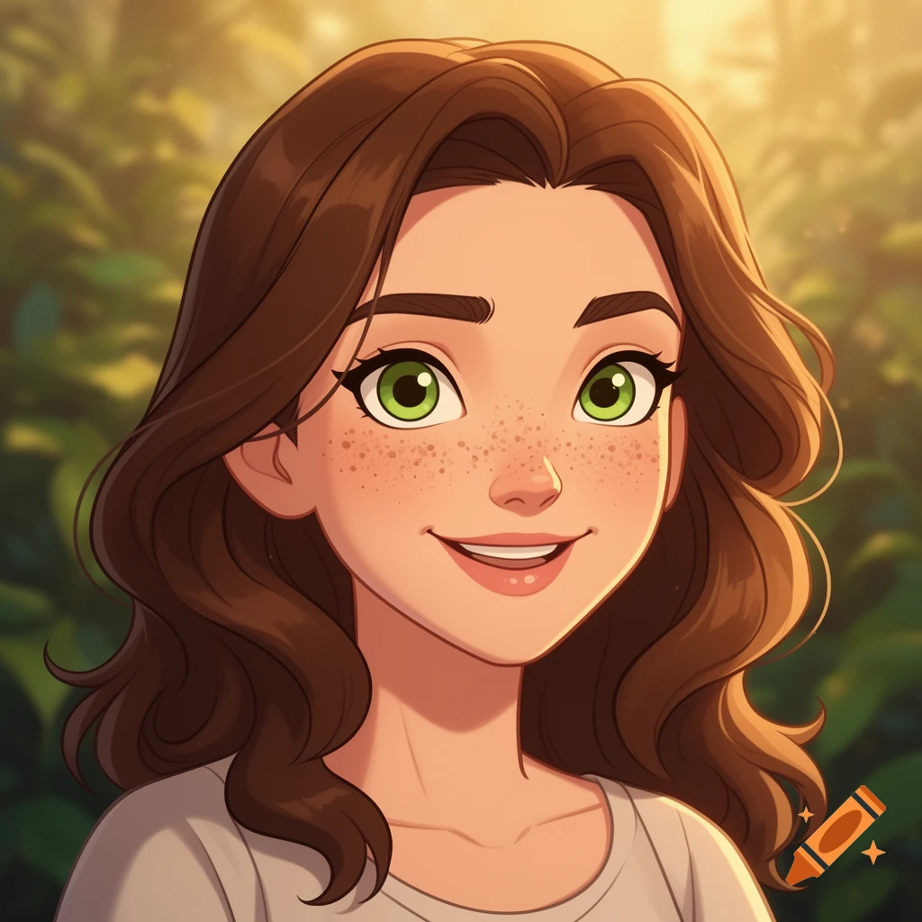 Animated portrait of a young woman with brown wavy hair, freckles, and green eyes, smiling against a blurry green background.