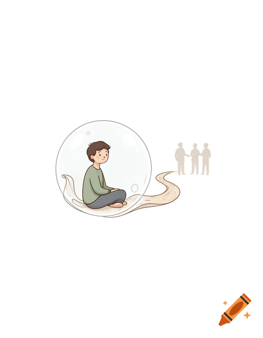 A cartoon person sits calmly in a transparent bubble, a path extends towards distant silhouettes. Stylized illustration about comfort zones and social confidence.