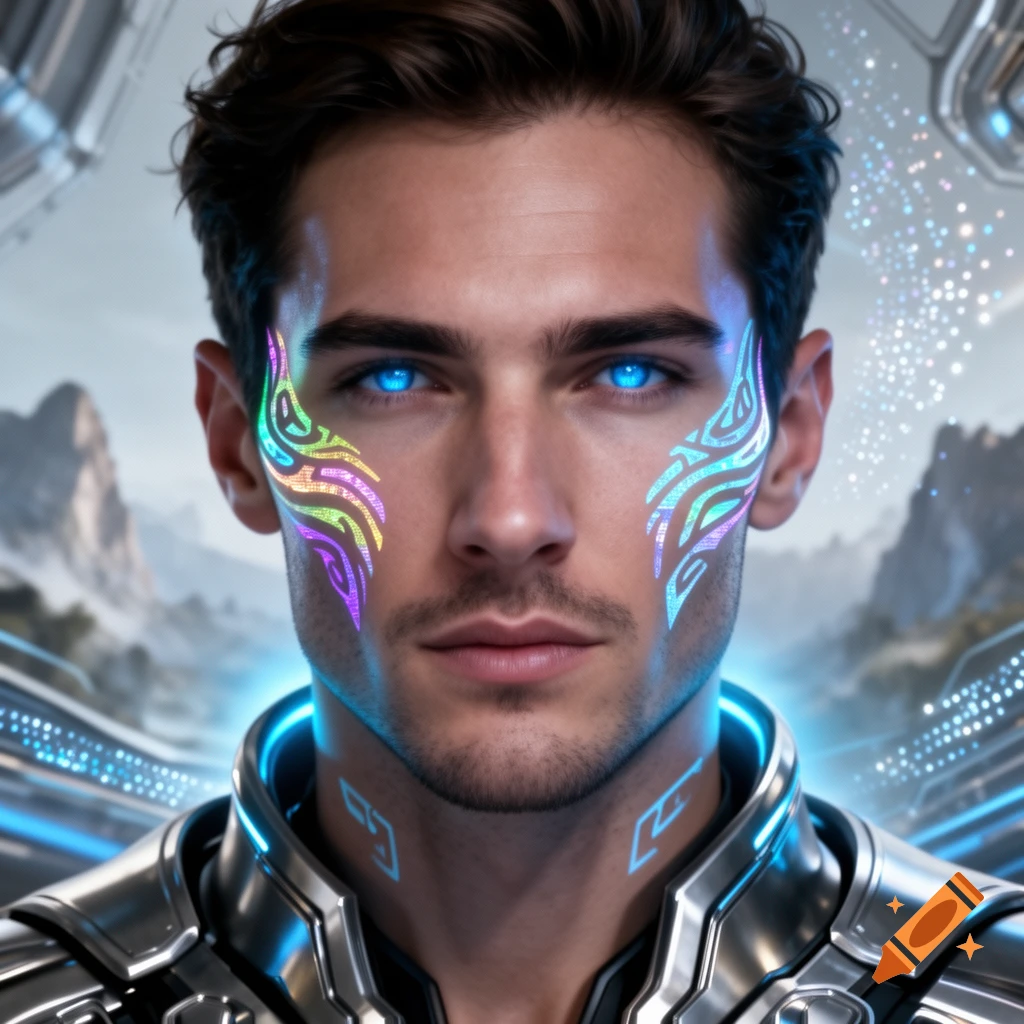 A futuristic fantasy portrait of a man with glowing blue eyes, bright tribal face markings, and metallic armor.