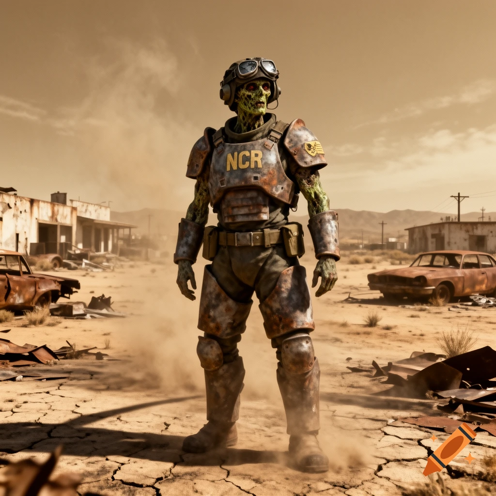 A ghoul in rusted NCR armor with goggles stands in a dusty, ruined desert town with abandoned cars, in a post-apocalyptic style.