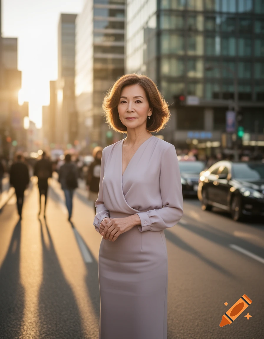 Photorealistic portrait of a beautiful woman in a light purple dress, standing on a city street at sunset, with buildings and blurred traffic.