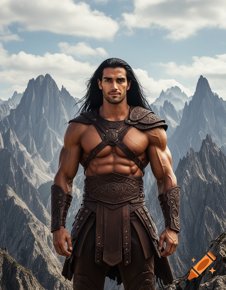 Photorealistic muscular fantasy warrior with long black hair in leather armor, standing before rugged mountains under a cloudy sky.