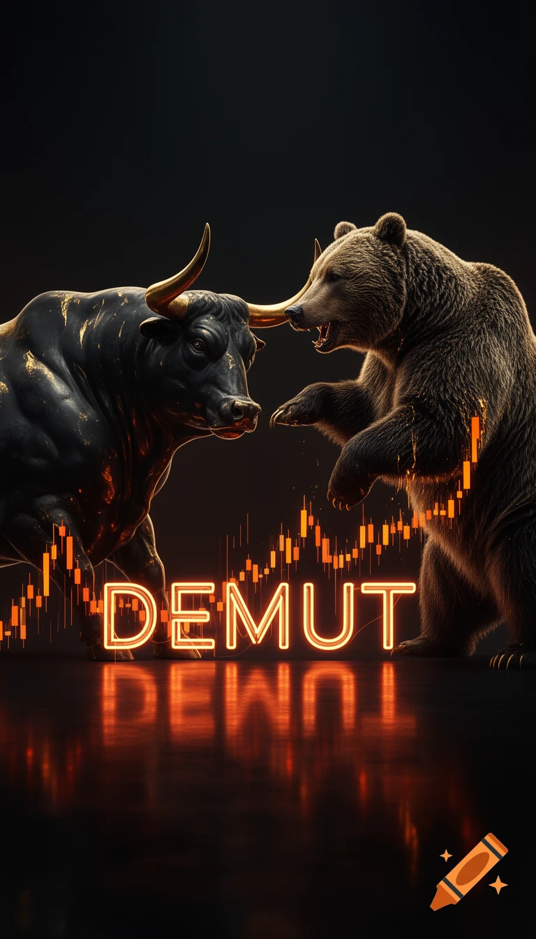A bull and bear face off over glowing orange candlestick charts and the neon word 'DEMUT' on a reflective dark surface.