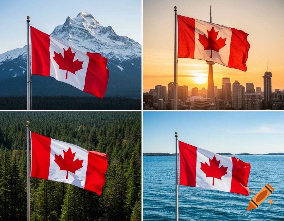 Four images of Canadian flags waving in diverse landscapes: mountains, city skyline at sunset, dense forest, and open water.