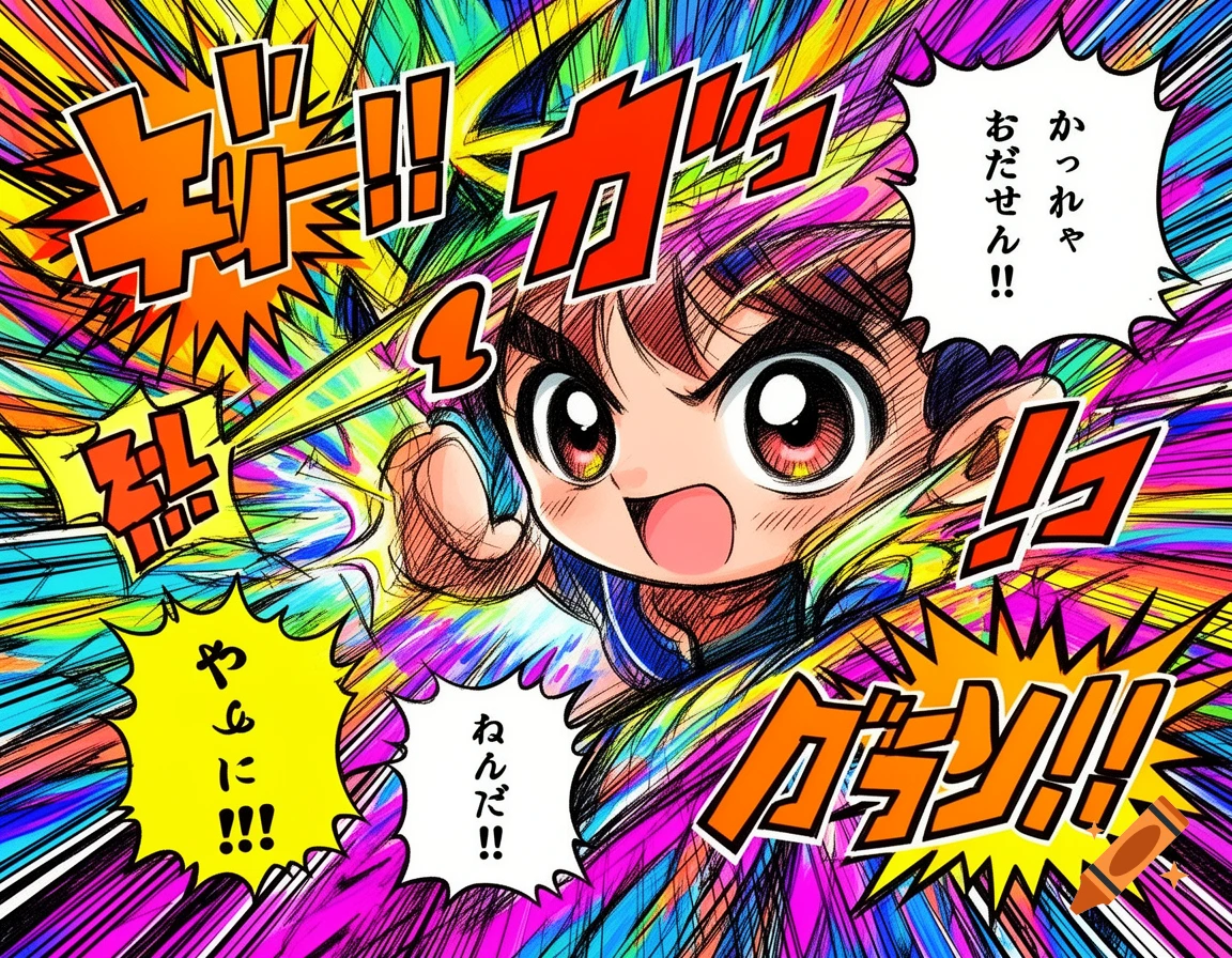 A vibrant, energetic manga-style drawing of a wide-eyed cartoon character with spiky hair, surrounded by colorful speed lines and Japanese text bubbles.