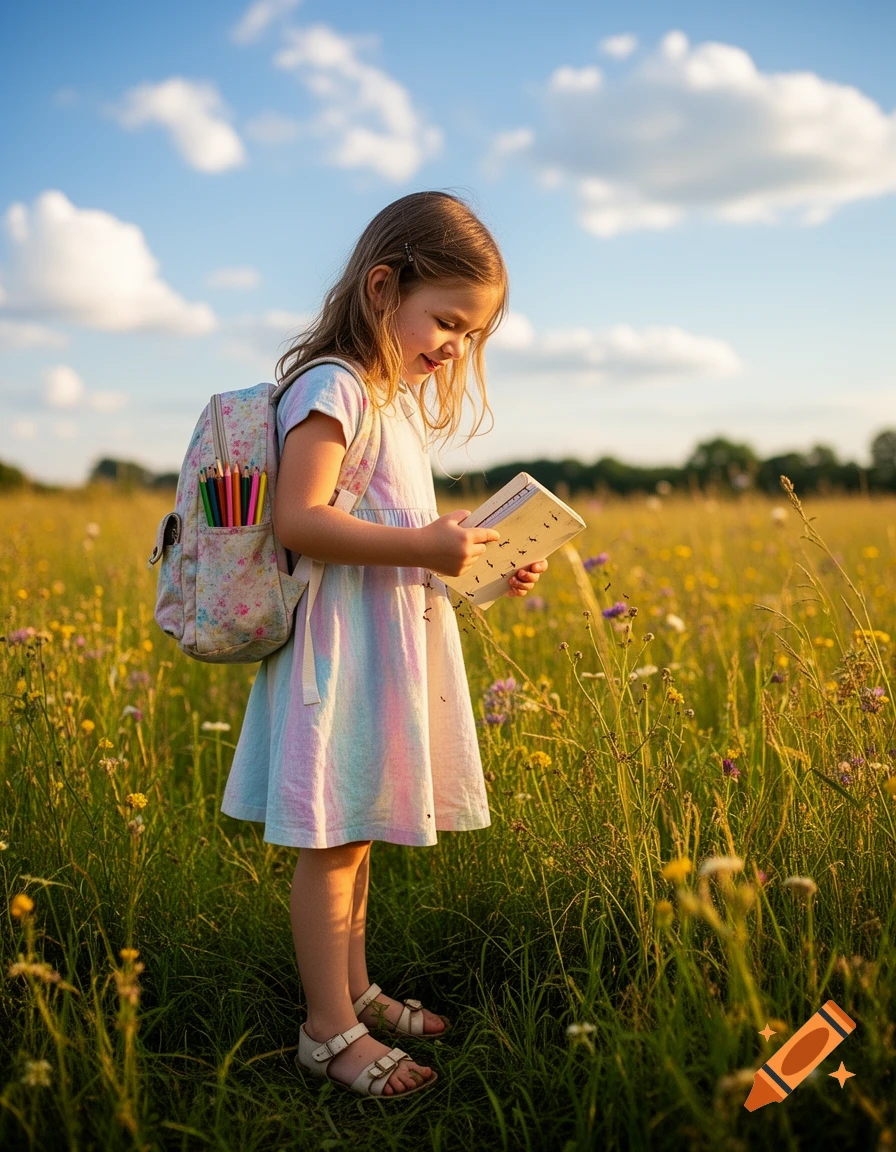 A smiling young girl with a backpack and colored pencils stands in a sunny wildflower field, looking down at a small notebook she holds in her hands.