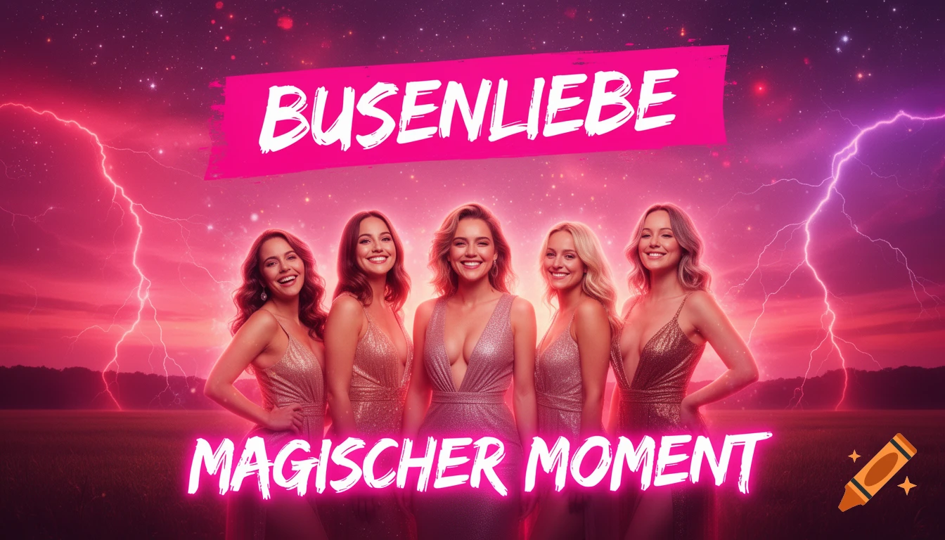 Five smiling women in glamorous sparkling dresses against a dramatic pink and purple sky with lightning, stars, and text banners.
